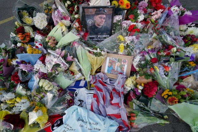 Flowers and tributes left for Harvey Willgoose at Sheffield United Bramall Lane football stadium in Sheffield. 15-year-old Harvey Willgoose was stabbed to death in Sheffield after an incident at All Saints Catholic High School, in Granville Road, at about 12.17pm on Monday. Picture date: Wednesday February 5, 2025. PA Photo. See PA story COURTS Sheffield. Photo credit should read: Jacob King/PA Wire